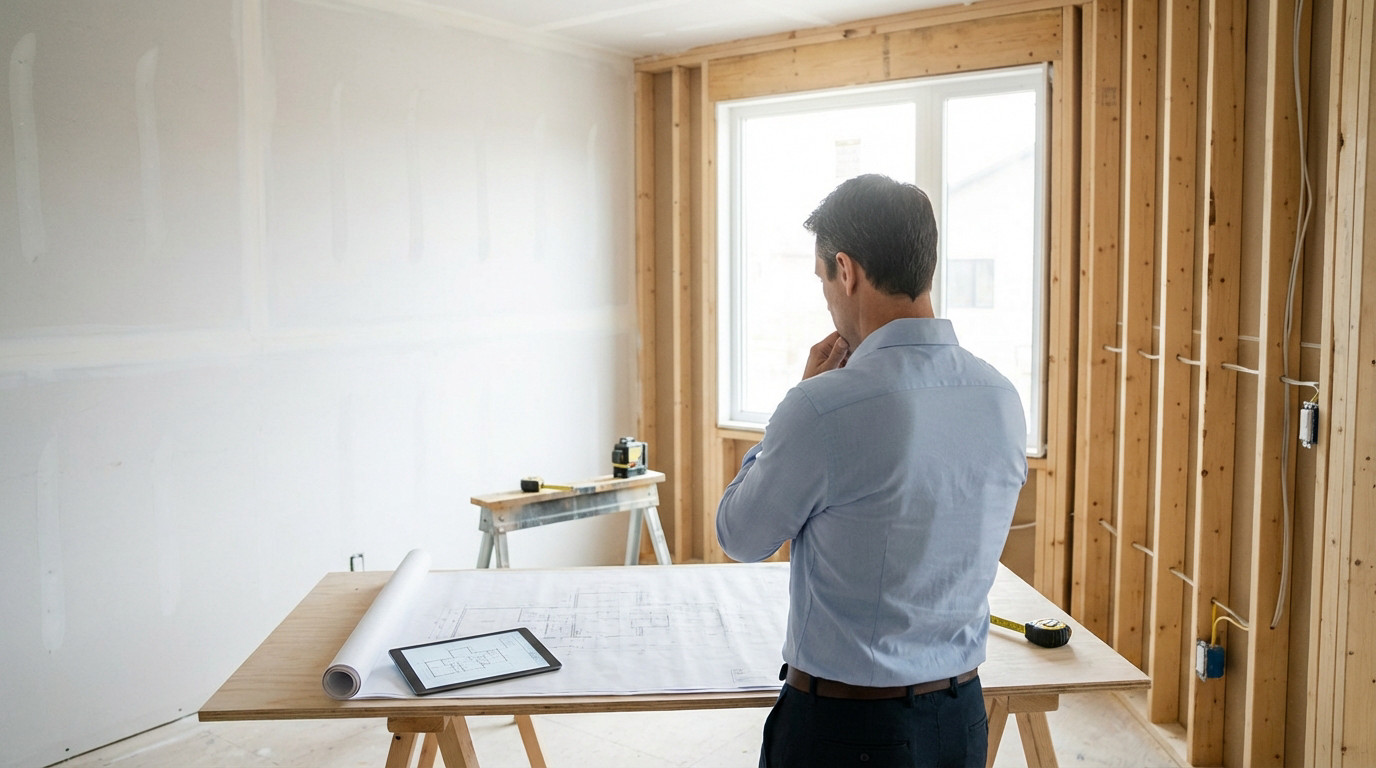 Man in a blue shirt reviews renovation plans on blueprints and a tablet in a partially finished room with drywall and exposed studs.
