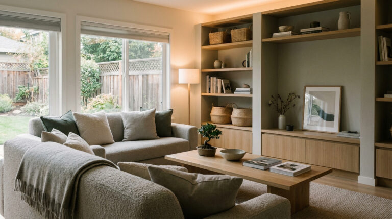 Modern Japandi living room with a cozy textured sofa, wooden coffee table, and built-in shelving. Soft, warm lighting.