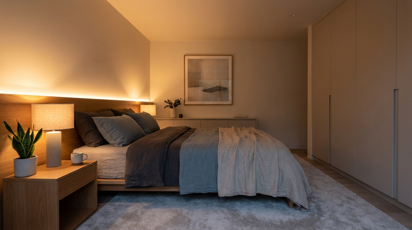 Modern bedroom with warm lighting, linen bedding in muted tones, and minimalist decor, optimized for deep, tranquil sleep.