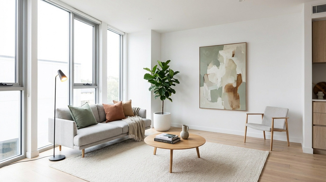 A bright, modern living room with large windows, a light grey sofa, wooden coffee table, and a fiddle-leaf fig plant. Features neutral tones with sage green and terracotta accents.