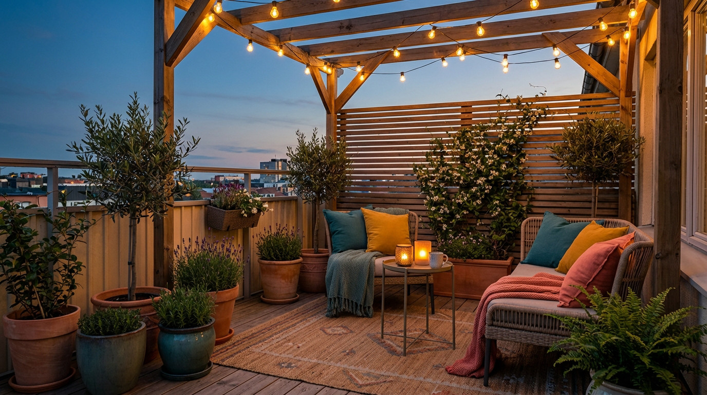 A warmly lit outdoor terrace at dusk with string lights, lush plants, comfortable seating with colorful cushions, and a patterned rug.