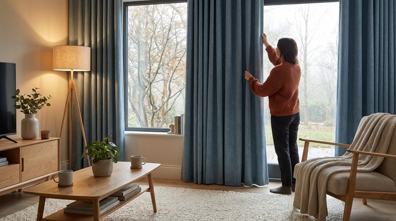 A person in a rust sweater adjusts blue thermal curtains in a modern living room, enhancing warmth against a cool outdoor scene.