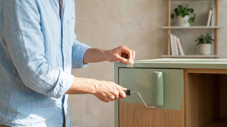 A person's hands painting a wooden cabinet drawer a soft sage green with a paint roller in a bright, modern home.