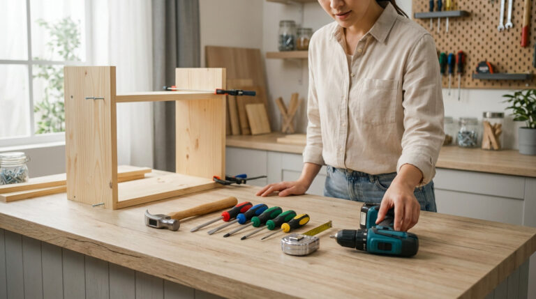 A person reaches for a drill on a clean DIY workbench with neatly arranged tools and a partially assembled wooden project.