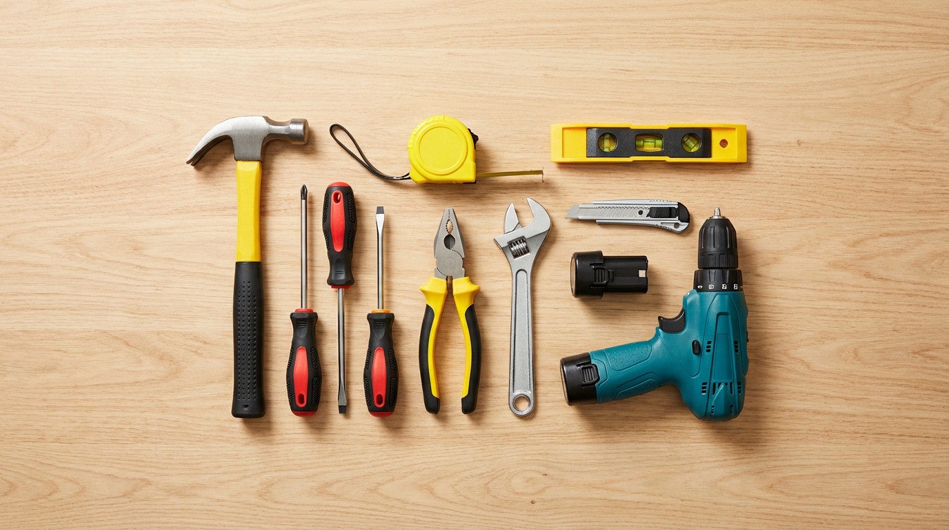 Organized flat lay of DIY tools: hammer, screwdrivers, tape, pliers, wrench, utility knife, level, cordless drill, battery on wood.