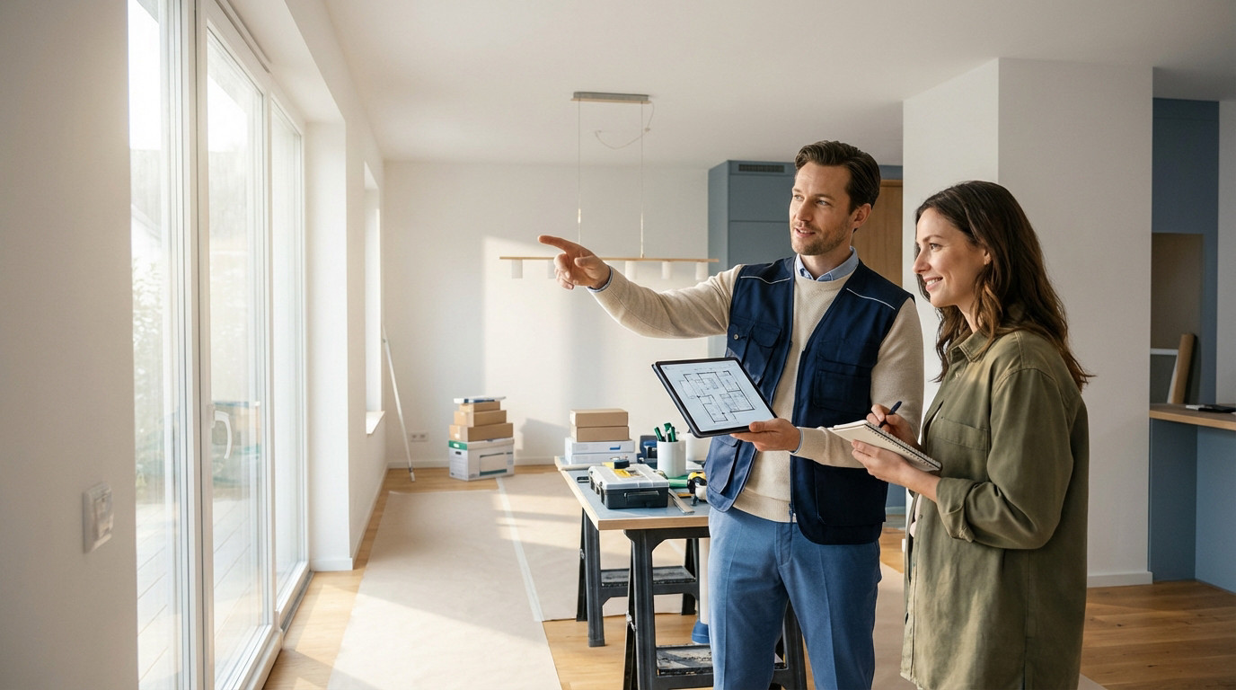 A professional discusses home renovation plans on a tablet with a homeowner in a bright, modern room.
