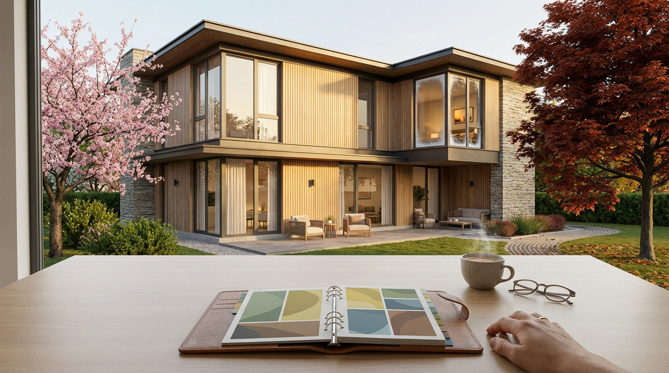 Modern home with four seasons represented (spring tree, autumn tree, frosted window). A hand plans year-round maintenance on an open planner.
