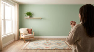 Refreshed living room with sage green wall, geometric rug, wood armchair, plant, and natural light. Person admiring.
