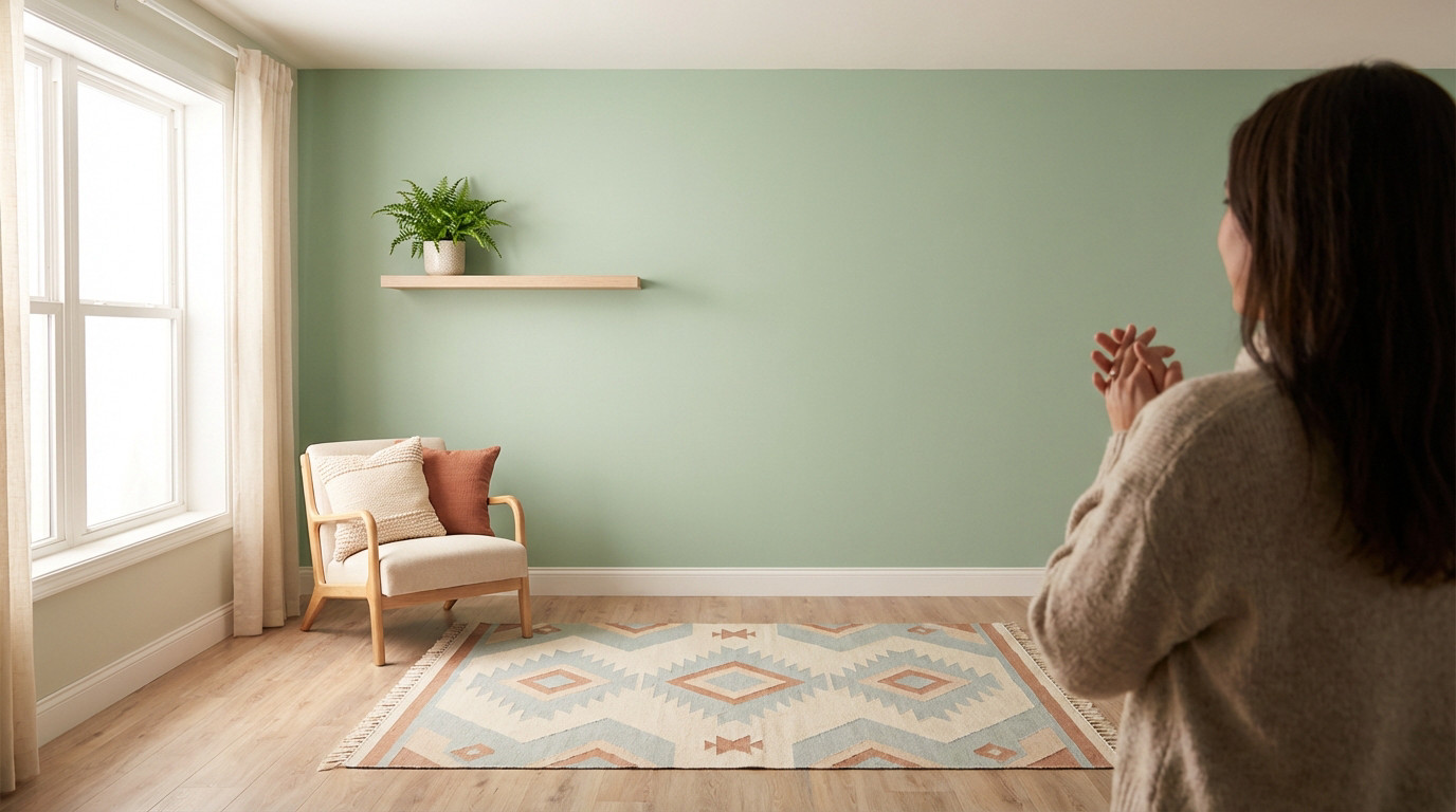Refreshed living room with sage green wall, geometric rug, wood armchair, plant, and natural light. Person admiring.