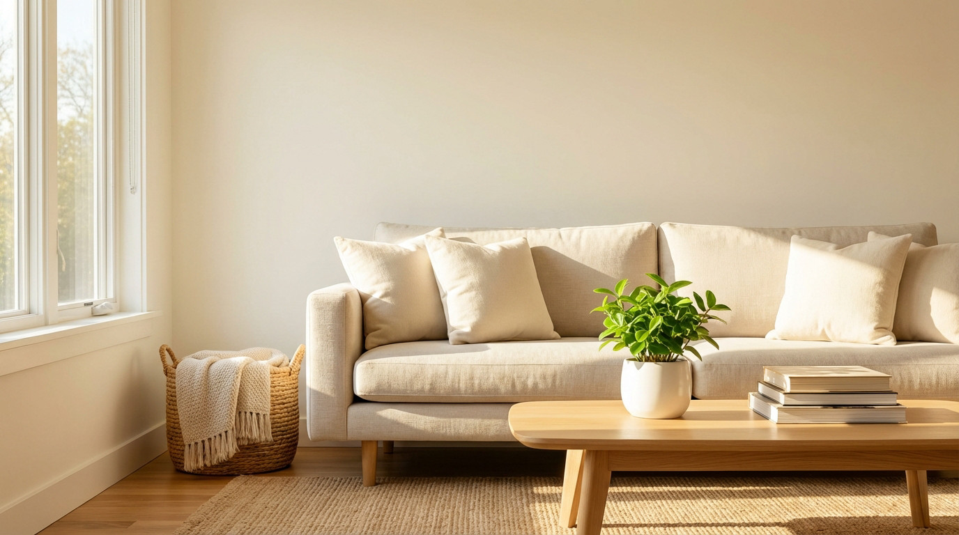 A bright, modern living room with a light sofa, coffee table with a plant and books, bathed in warm natural sunlight.