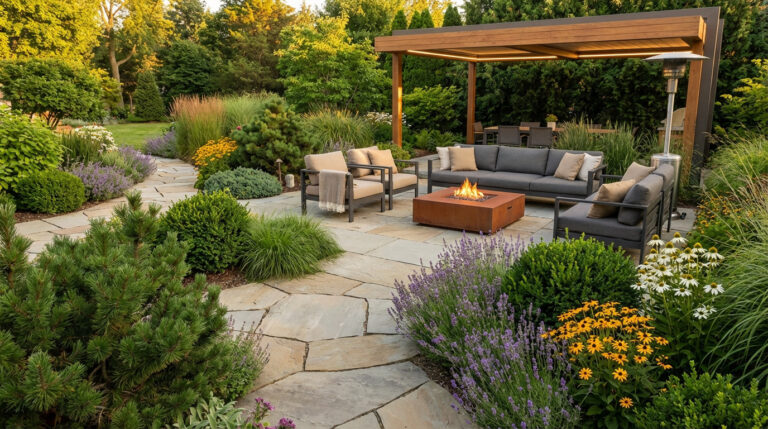 Jardim moderno com área de estar externa, sofá, poltronas, lareira, pergolado e plantas diversas. Caminhos de pedra e iluminação suave.