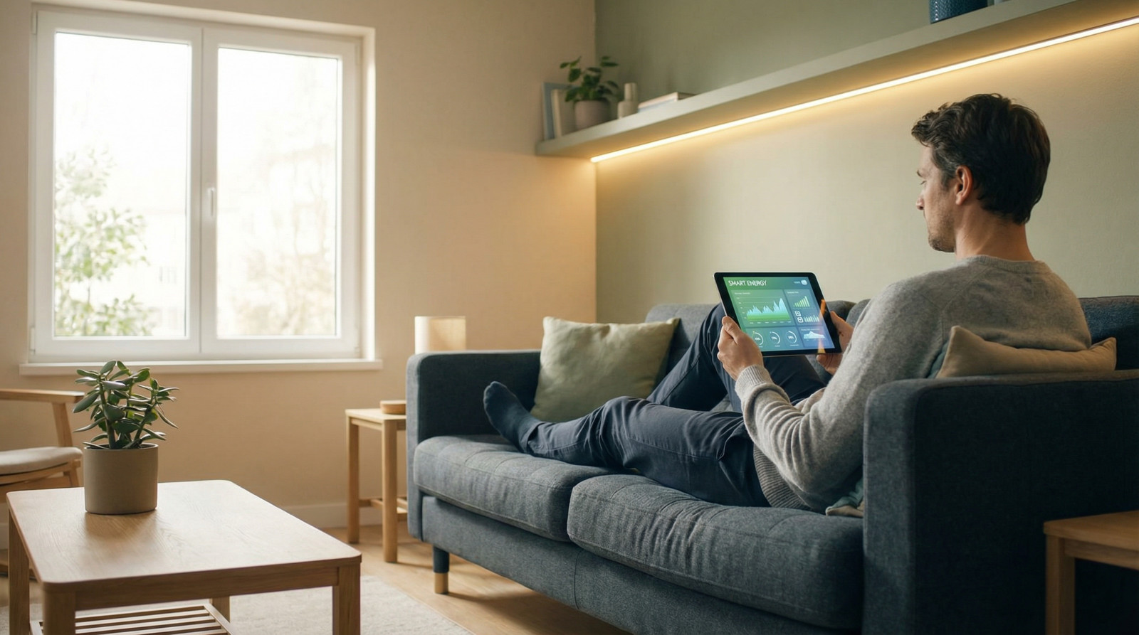 Man on sofa viewing 'Smart Energy' app on tablet in a modern, naturally lit living room with minimalist furniture and plants.