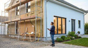Man with tablet observes a modern house undergoing renovation. Left shows scaffolding and insulation; right is newly painted with garden.