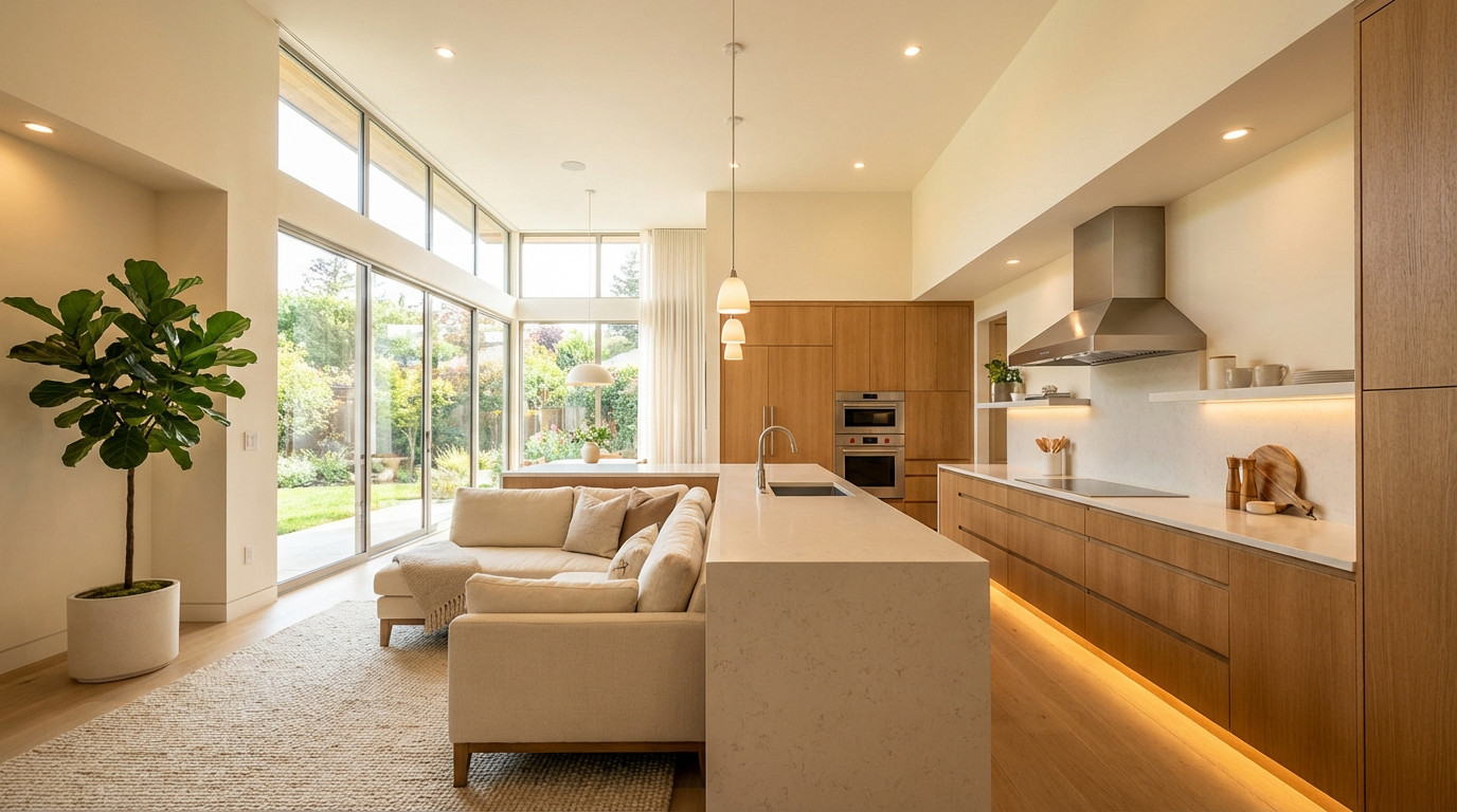 A bright, modern open-plan kitchen and living area with large windows, warm wood cabinetry, light countertops, and a green plant.