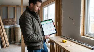 Man thoughtfully reviews a tablet with a renovation budget and blueprint in a partially renovated room, showing exposed studs, a cracked wall, and tools.