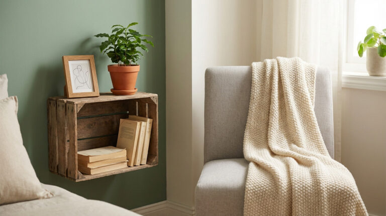 Rincón de dormitorio acogedor con pared verde salvia, caja de madera reciclada con planta, libros y arte, manta crema sobre silla.
