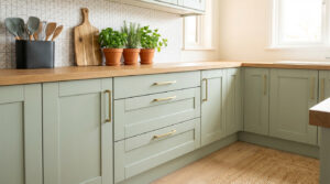 A bright, modern kitchen corner with sage green cabinets, wooden countertops, and a geometric backsplash. Features potted herbs, utensils, and a cutting board.