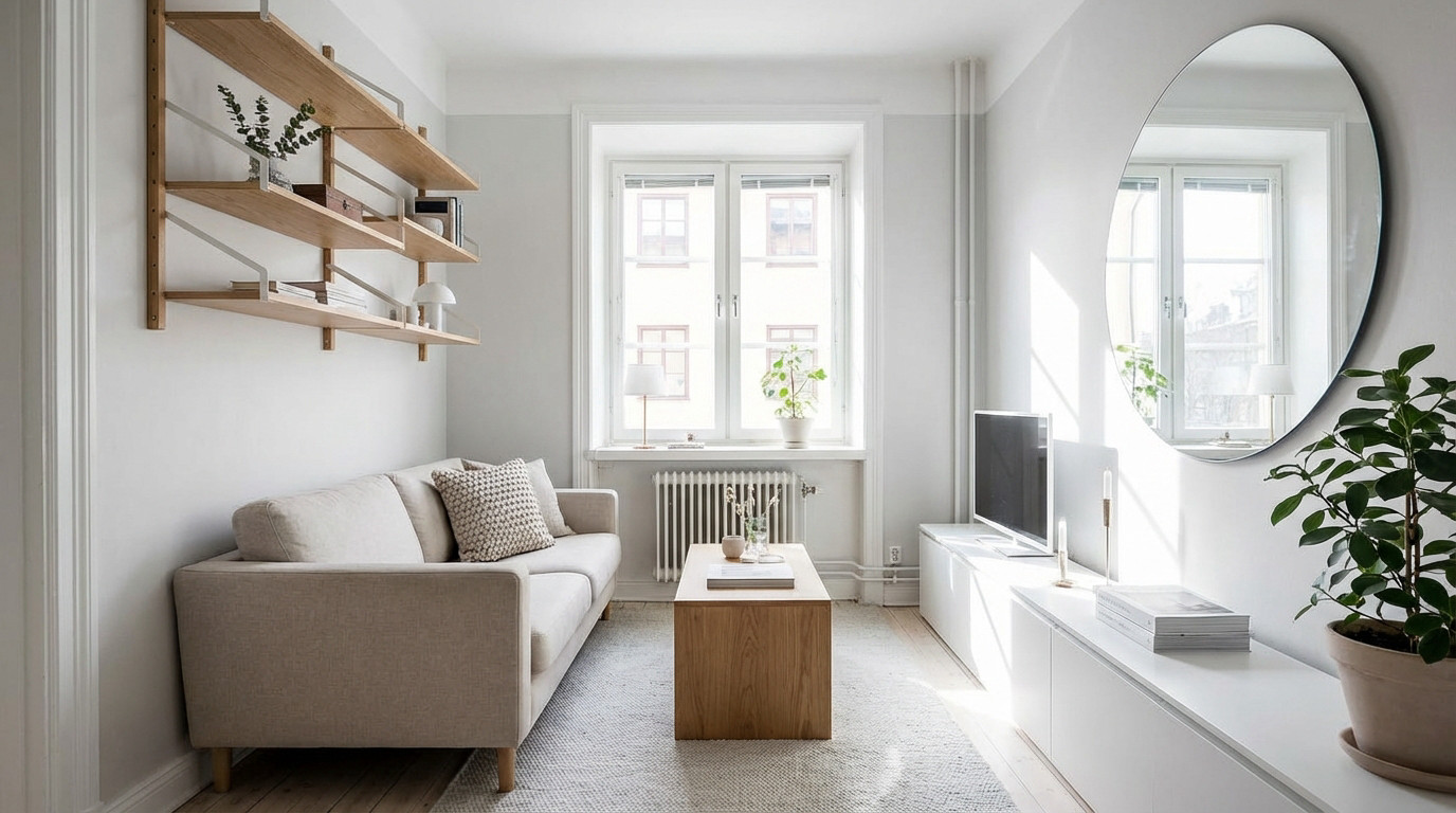 Bright Scandinavian living room with light sofa, wooden table, wall shelves, and large mirror reflecting natural light, maximizing space.
