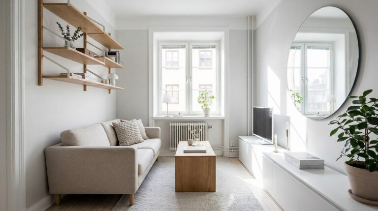 Bright Scandinavian living room with light sofa, wooden table, wall shelves, and large mirror reflecting natural light, maximizing space.