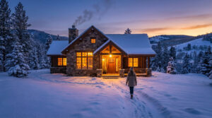 A serene winter scene: a cozy stone house with glowing windows and smoke from the chimney, a figure walks through fresh snow at dusk.