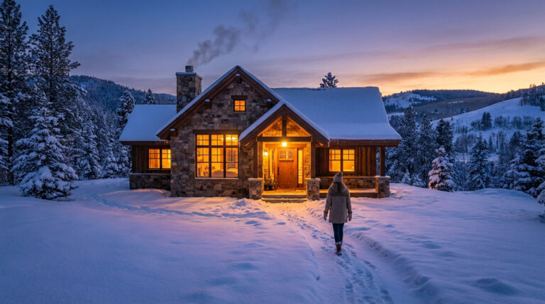 A serene winter scene: a cozy stone house with glowing windows and smoke from the chimney, a figure walks through fresh snow at dusk.