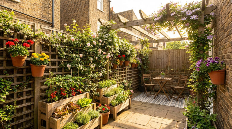 Vibrant small garden with vertical planting, wall-mounted flowers, tiered vegetable boxes, and a compact outdoor dining set under a pergola.