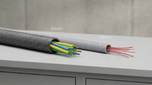Deux gaines annelées : 40mm avec câbles épais (jaune, bleu, vert) et 25mm avec brins de fibre optique (rouge, orange, violet).