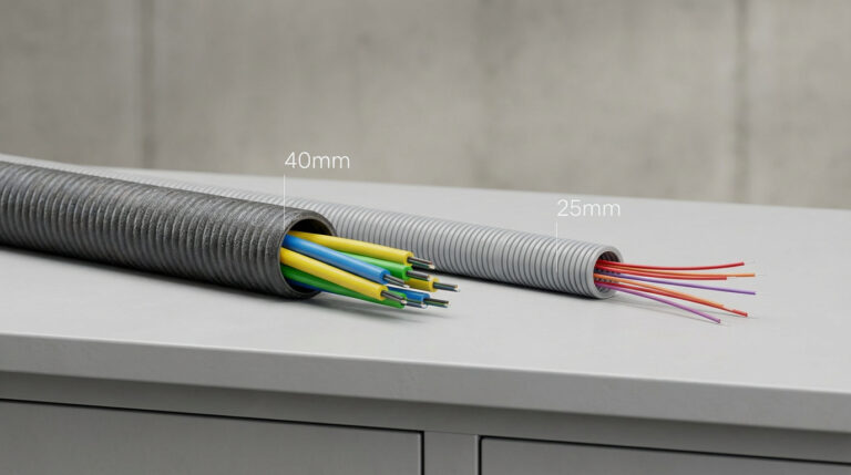 Deux gaines annelées : 40mm avec câbles épais (jaune, bleu, vert) et 25mm avec brins de fibre optique (rouge, orange, violet).