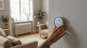 Une main ajuste un thermostat connecté affichant 19.0 °C dans un salon clair, symbole d'efficacité énergétique.