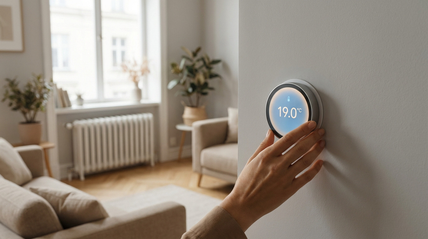 Une main ajuste un thermostat connecté affichant 19.0 °C dans un salon clair, symbole d'efficacité énergétique.