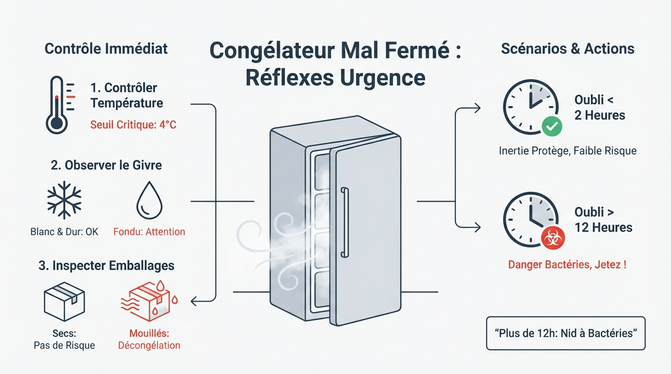 Vérification de la température d'un congélateur mal fermé avec un thermomètre