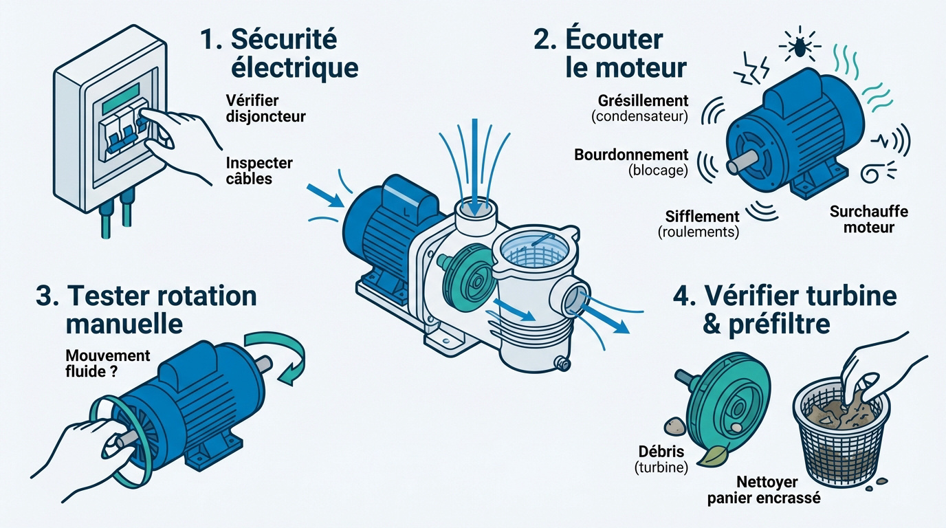 Technicien inspectant le moteur d'une pompe de piscine pour un diagnostic de panne