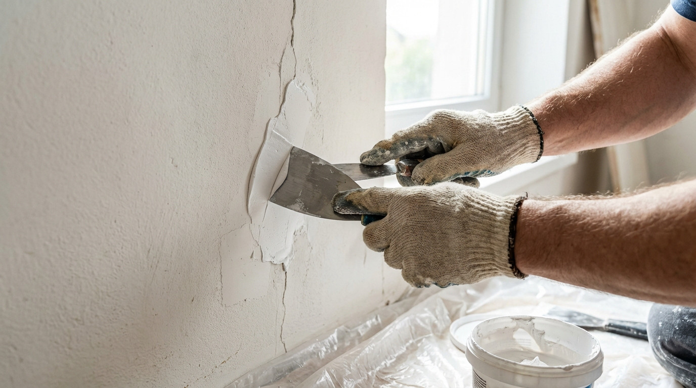 Gloved hands apply white wall filler to a crack on a textured, light-colored wall with a putty knife, depicting home repair.