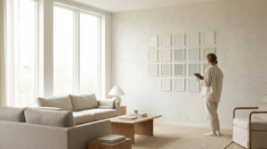 A woman views neutral paint swatches on a textured wall in a bright, modern living room with large windows and natural light.