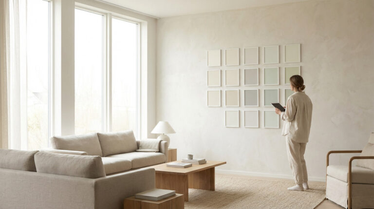 A woman views neutral paint swatches on a textured wall in a bright, modern living room with large windows and natural light.
