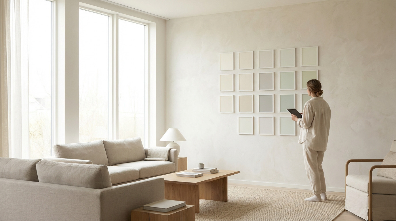 A woman views neutral paint swatches on a textured wall in a bright, modern living room with large windows and natural light.