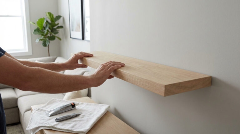 Anonymous hands press a sleek wooden floating shelf onto a light-grey wall. Adhesive and tools hint at no-drill installation in a bright, modern room.