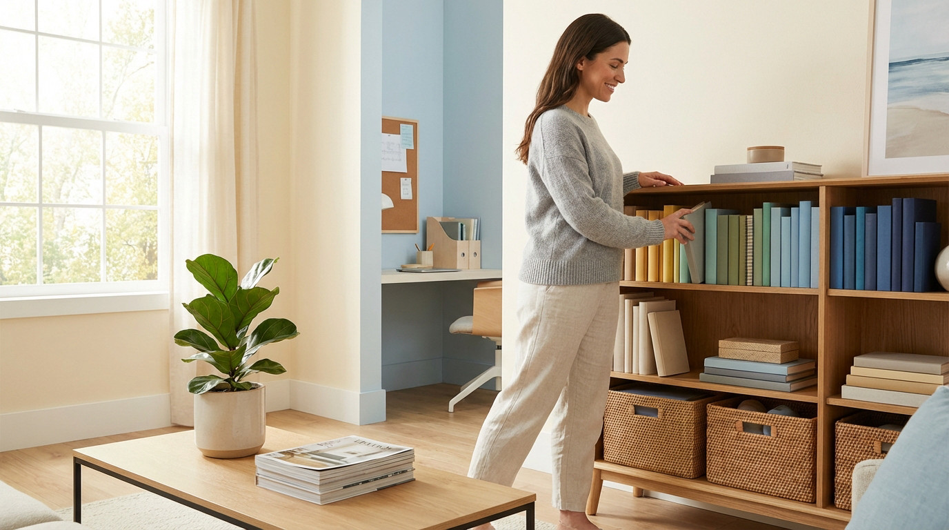 A smiling woman in a grey sweater organizes color-coded books on a wooden shelf in a bright, modern living room with natural light.