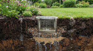 Coupe transversale d'un jardin montrant un puisard d'infiltration des eaux de pluie à travers gravier et sol.