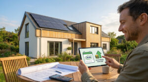 Homme souriant consulte une application d'aide à la rénovation énergétique 2026 sur tablette, devant une maison moderne avec panneaux solaires et plans.