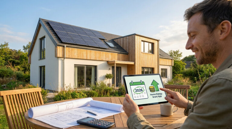 Homme souriant consulte une application d'aide à la rénovation énergétique 2026 sur tablette, devant une maison moderne avec panneaux solaires et plans.