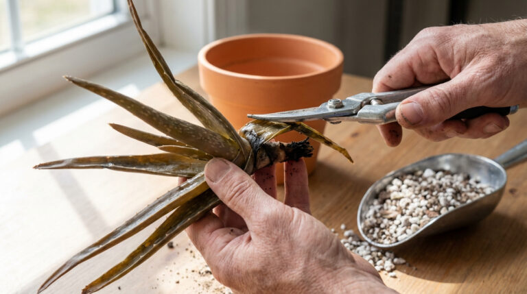 Deux mains taillent la base pourrie d'un aloe vera avec des ciseaux de jardinage sur une table en bois, pot et substrat visibles.