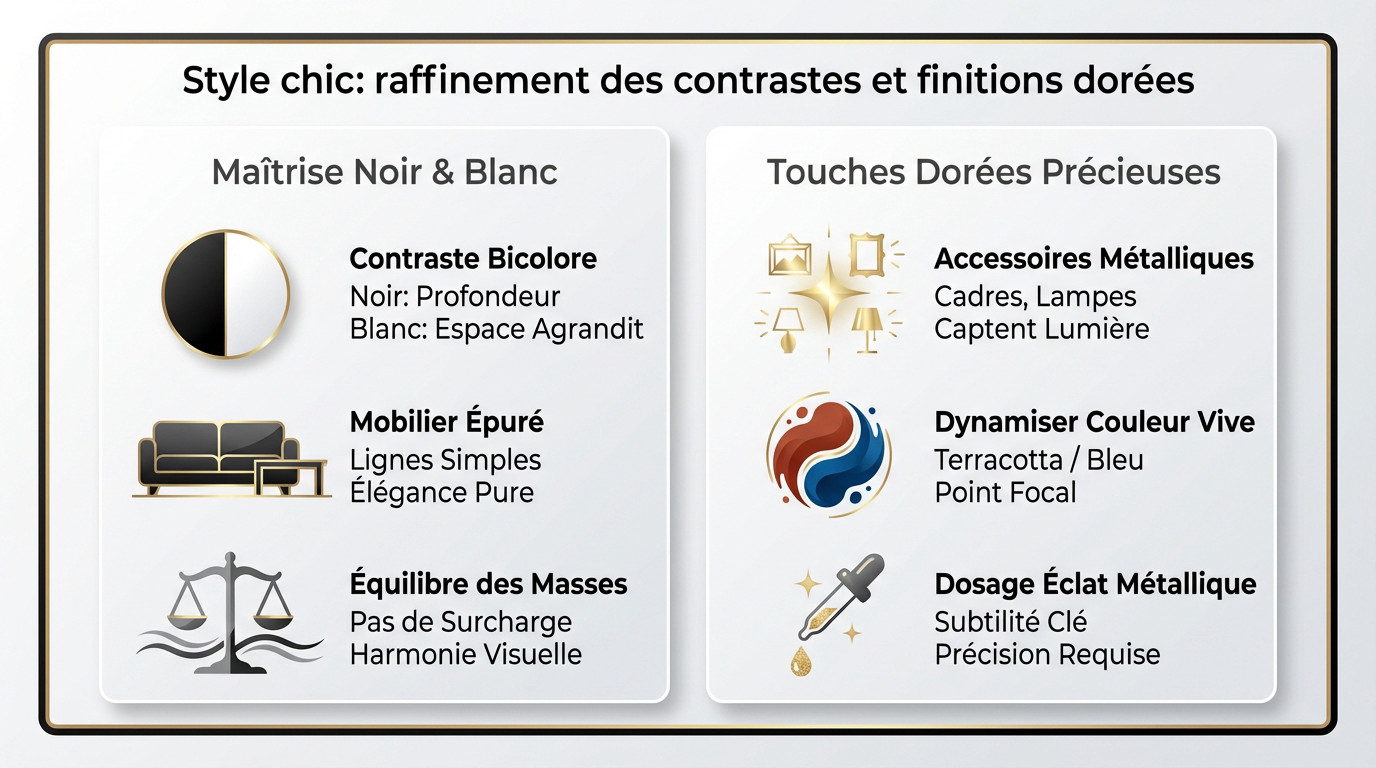 Salon style chic noir et blanc, illustration de l'un des 5 styles déco tendance pour moderniser son salon
