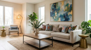 Inviting modern living room with neutral sofa, vibrant abstract art, natural light, wood floor, and lush green plants.
