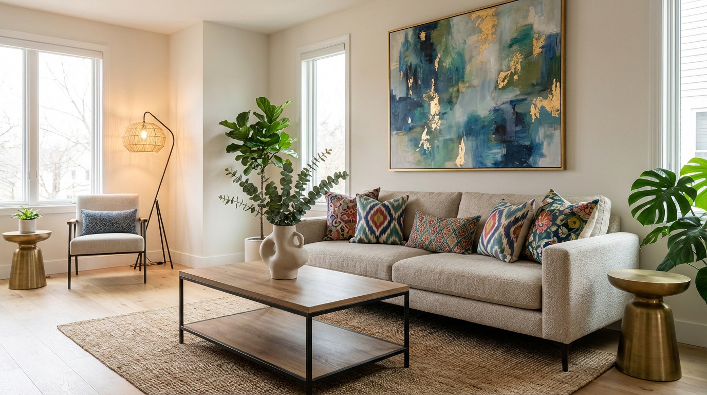 Inviting modern living room with neutral sofa, vibrant abstract art, natural light, wood floor, and lush green plants.