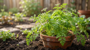 Cerfeuil verdoyant en pot d'argile dans un jardin ensoleillé, avec des fleurs blanches délicates et de la terre meuble.
