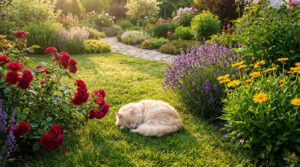 Un chat beige dort paisiblement sur une pelouse verdoyante, entouré de rosiers rouges, lavande violette et fleurs jaunes dans un jardin ensoleillé avec un chemin.