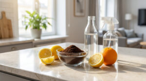 Citrons, orange, marc de café et bouteilles de liquide sur un comptoir de cuisine, pour répulsifs naturels canins.