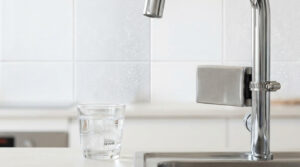 Aimant anti-calcaire fixé sur un robinet chromé. Un verre d'eau et des carreaux avec taches blanches (calcaire) en fond.
