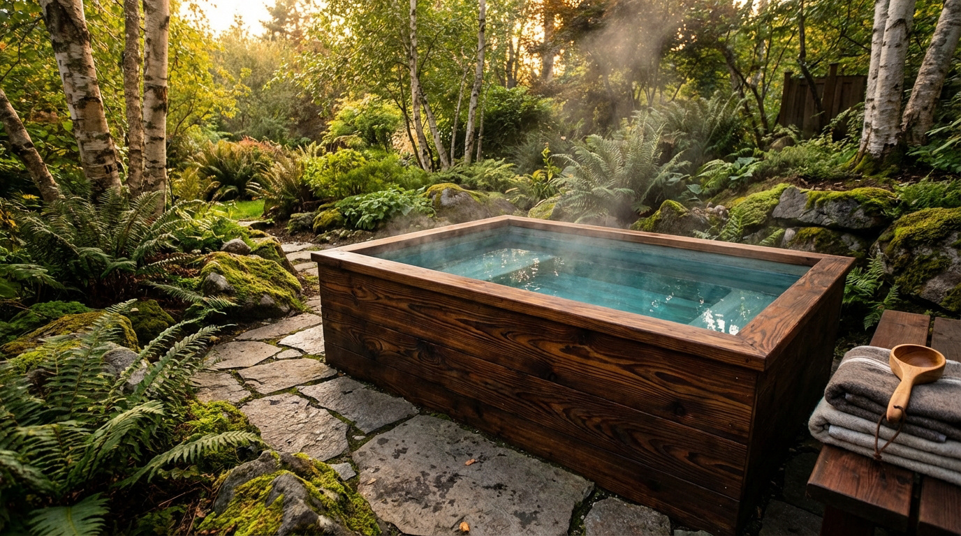 Bain nordique en bois fumant au milieu d'un jardin luxuriant avec fougères, arbres et chemin de pierres, ambiance zen.